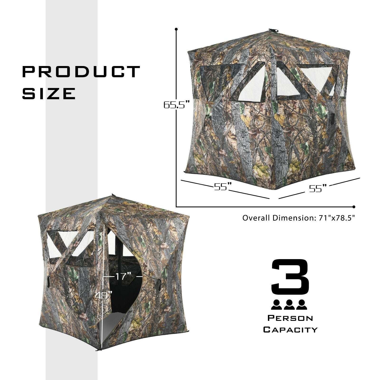 3 Person Portable Pop-Up Ground Hunting Blind with Tie-downs