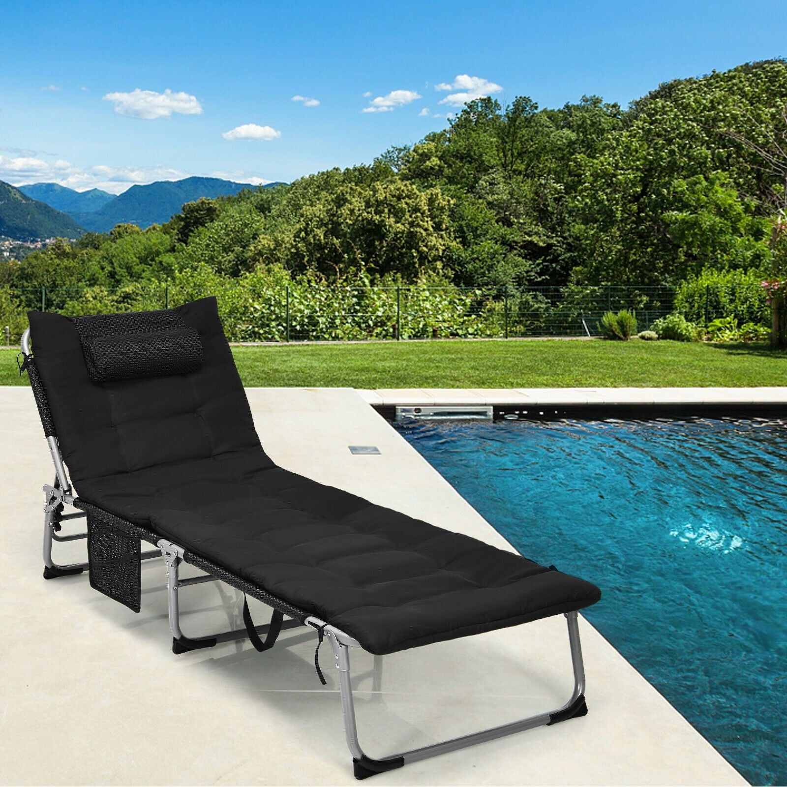 4-Fold Oversize Padded Folding Lounge Chair with Removable Soft Mattress-Black 