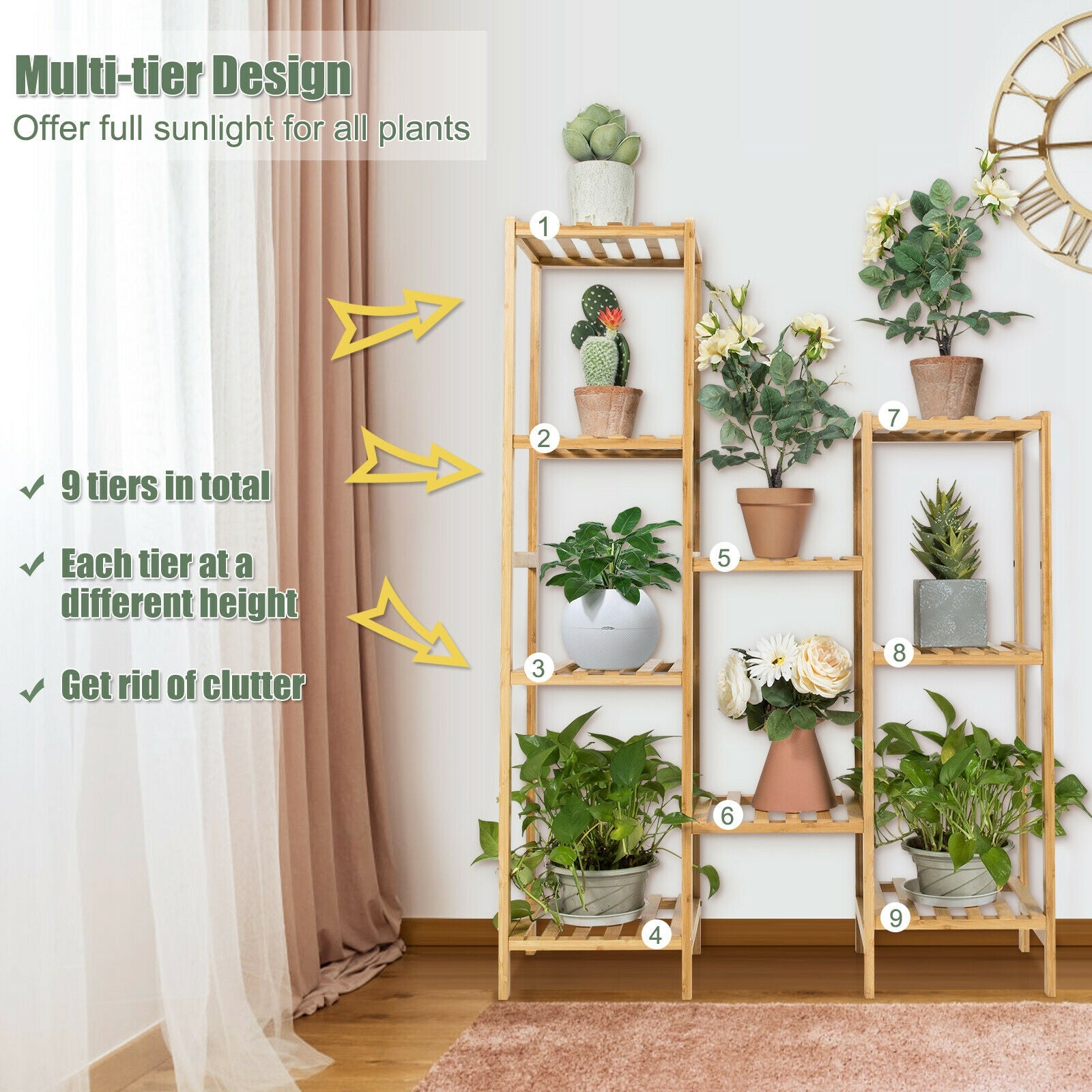 9/11-Tier Bamboo Plant Stand for Living Room Balcony Garden-9-Tier