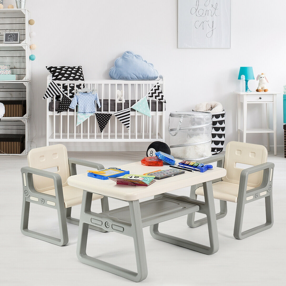 Kids Table and 2 Chairs Set with Storage Shelf-White