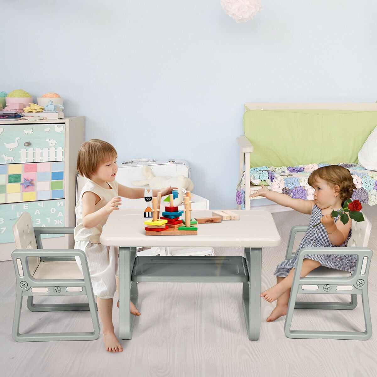 Kids Table and 2 Chairs Set with Storage Shelf-White