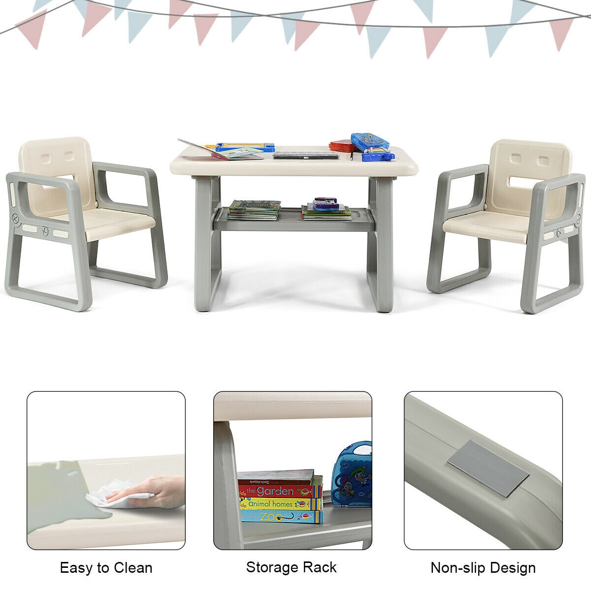 Kids Table and 2 Chairs Set with Storage Shelf-White