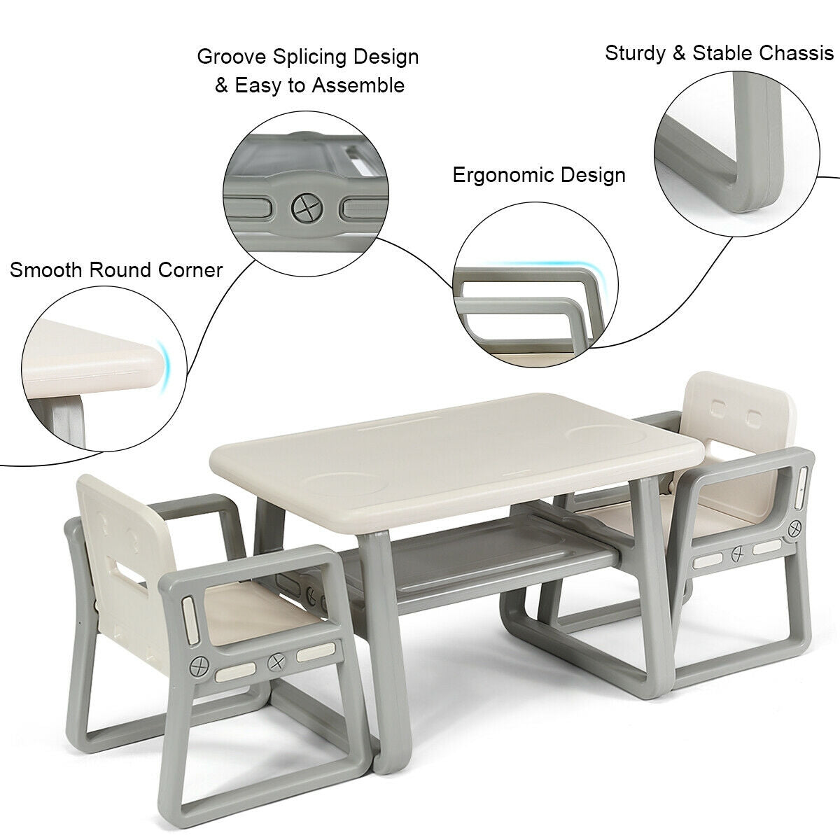 Kids Table and 2 Chairs Set with Storage Shelf-White