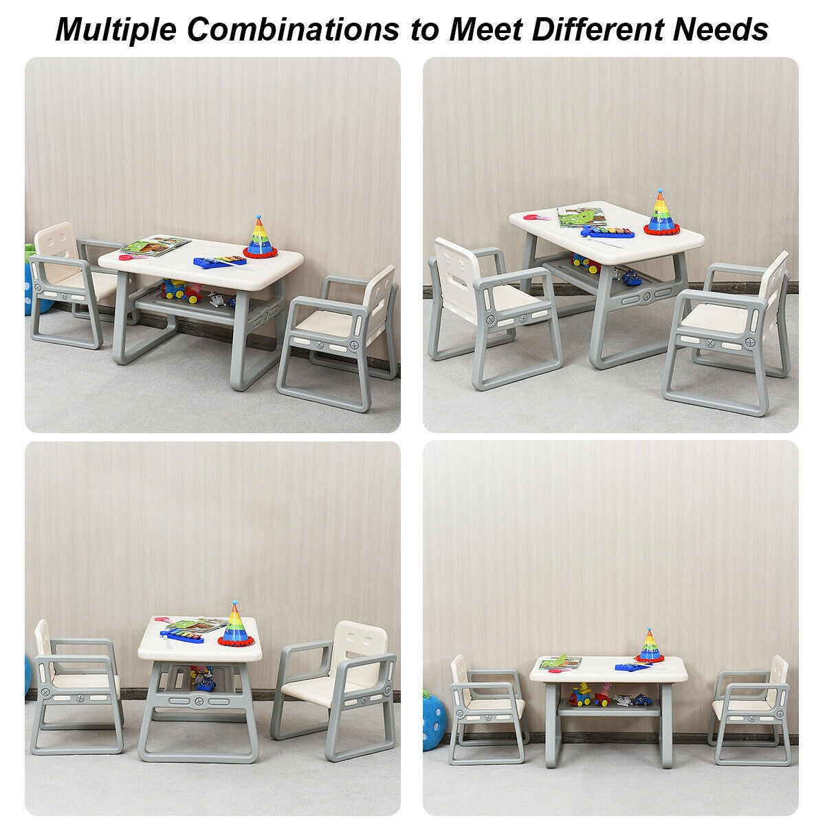 Kids Table and 2 Chairs Set with Storage Shelf-White