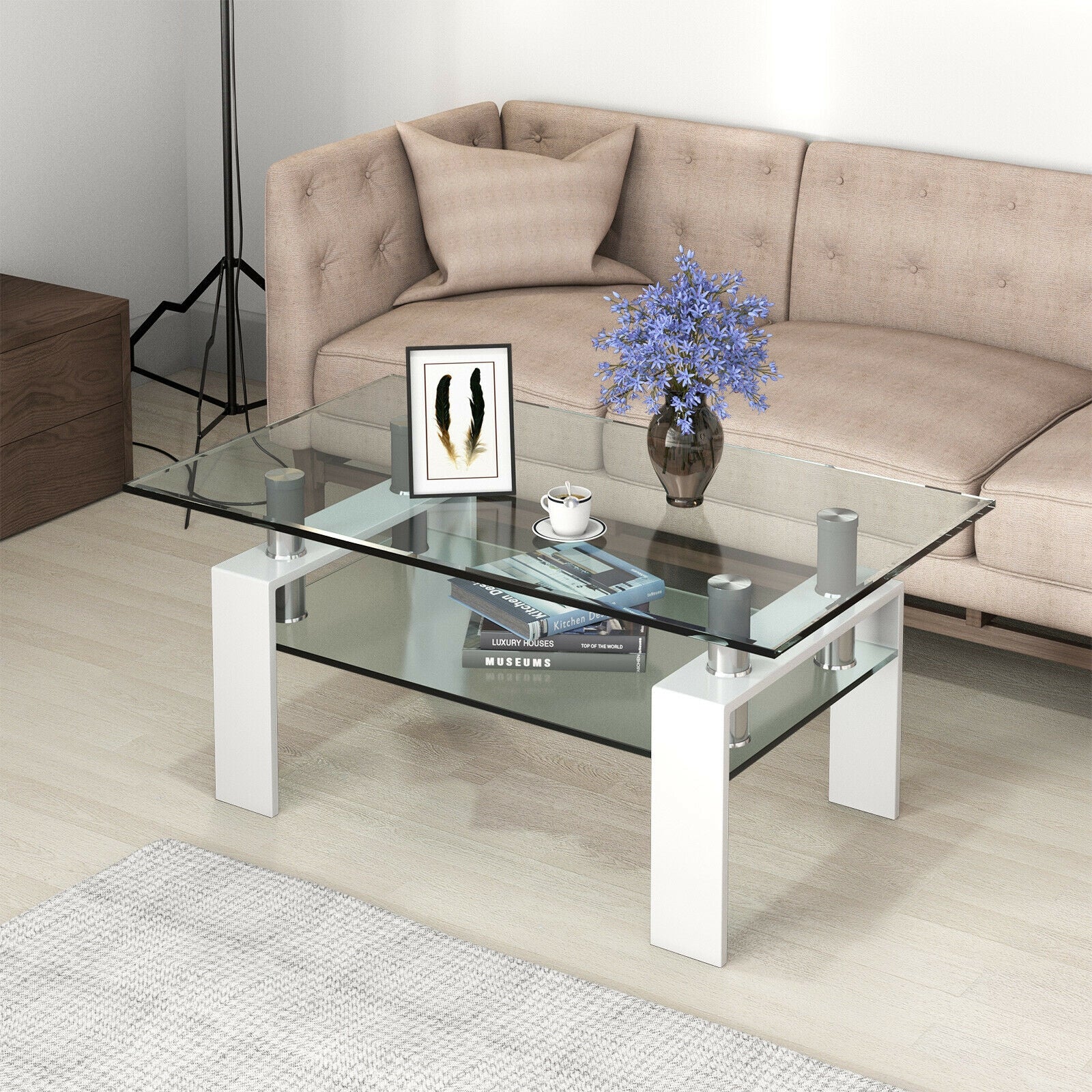 Rectangle Glass Coffee Table with Metal Legs for Living Room-White