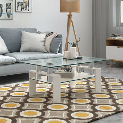 Rectangle Glass Coffee Table with Metal Legs for Living Room-White 