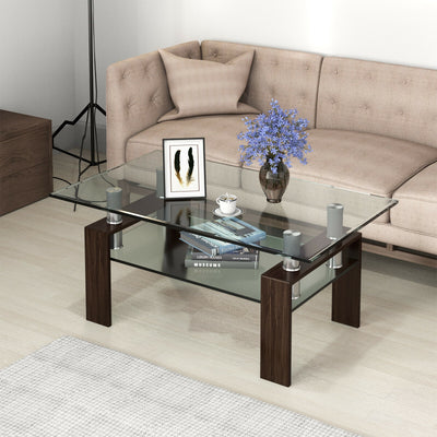 Rectangle Glass Coffee Table with Metal Legs for Living Room-Brown 