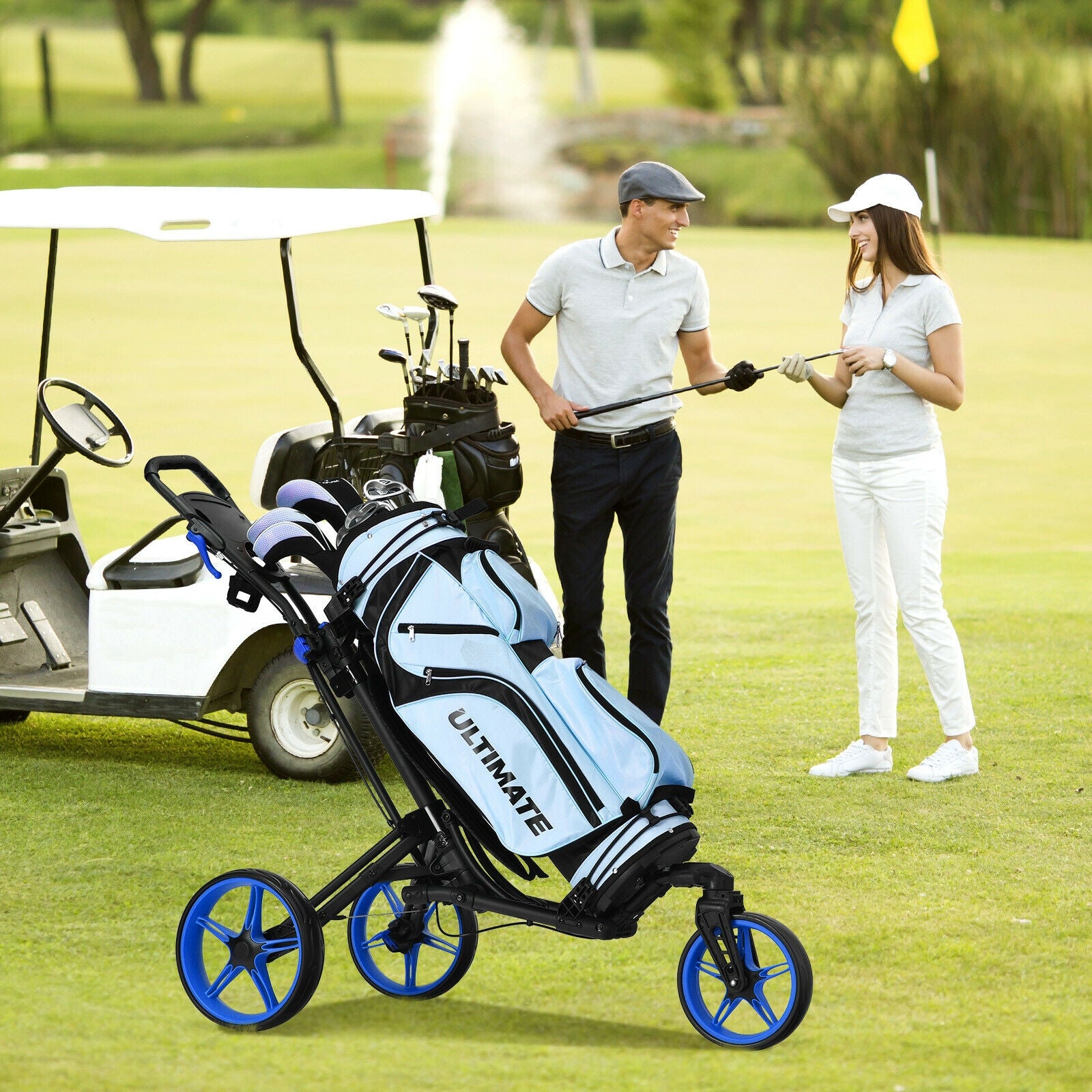 Folding Golf Push Cart with Scoreboard Adjustable Handle Swivel Wheel-Blue