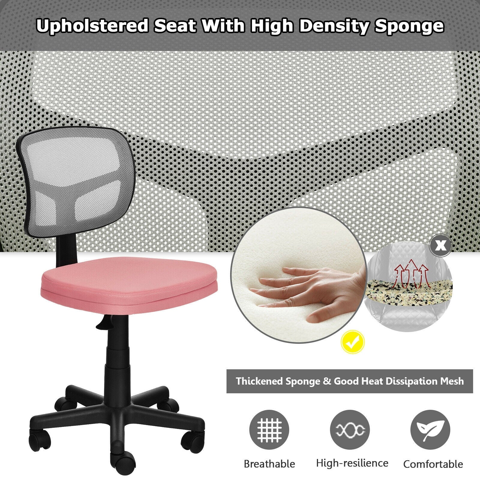 Armless Computer Chair with Height Adjustment and Breathable Mesh for Home Office-Pink