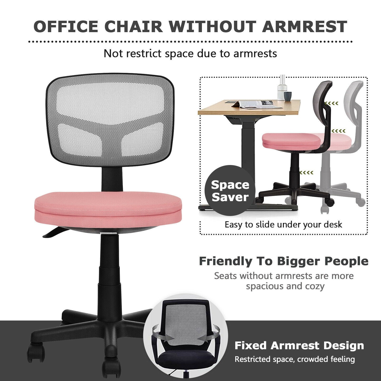 Armless Computer Chair with Height Adjustment and Breathable Mesh for Home Office-Pink