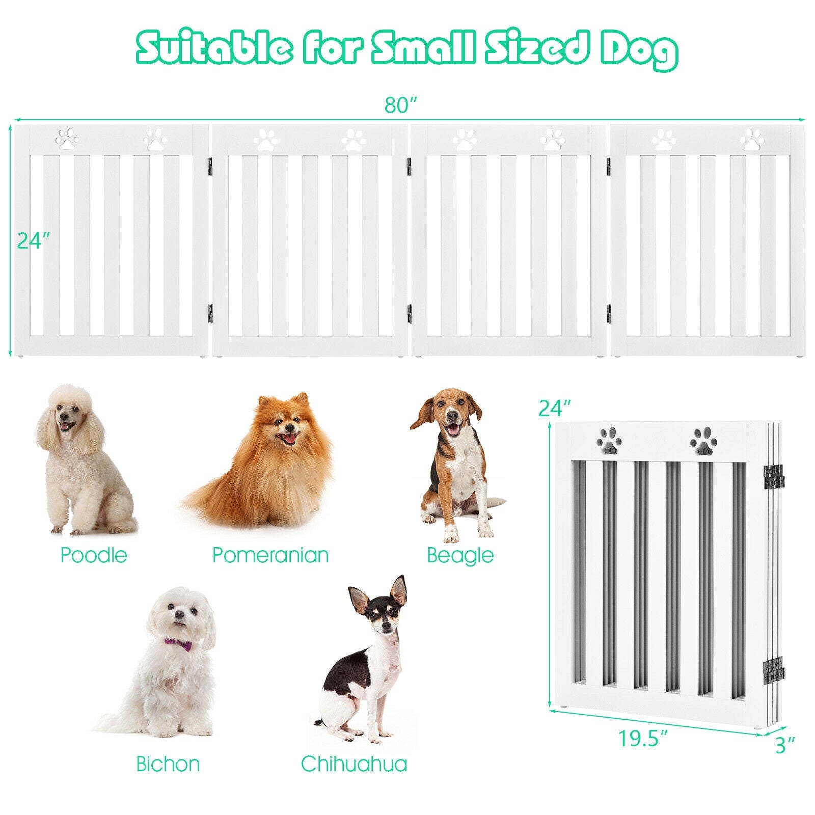 24 Inch Folding Wooden Freestanding Pet Gate Dog Gate with 360° Hinge -White