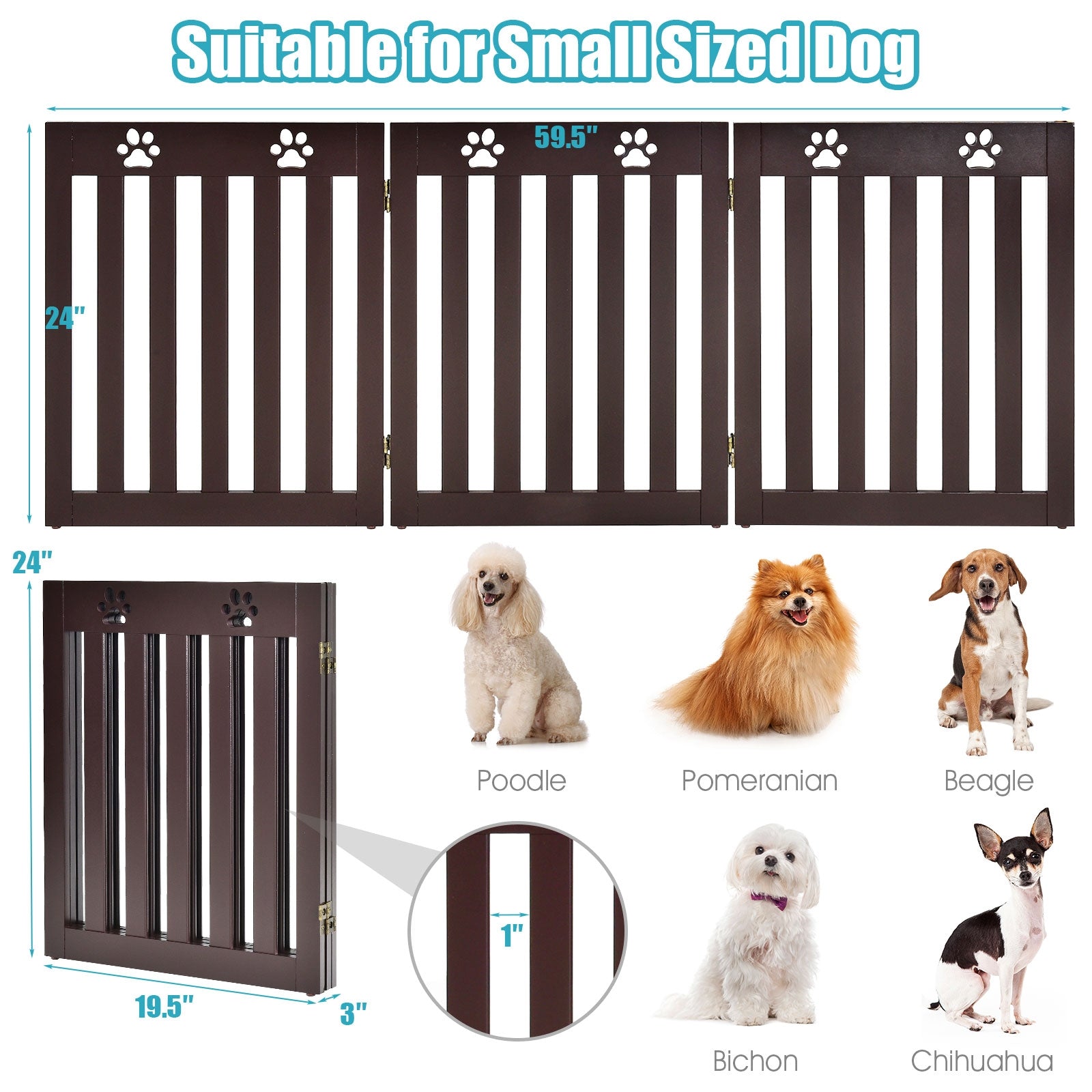 24 Inch Folding Wooden Freestanding Dog Gate with 360° Flexible Hinge for Pet-Dark Brown