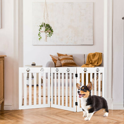 24 Inch Folding Wooden Freestanding Dog Gate with 360° Flexible Hinge for Pet-White 