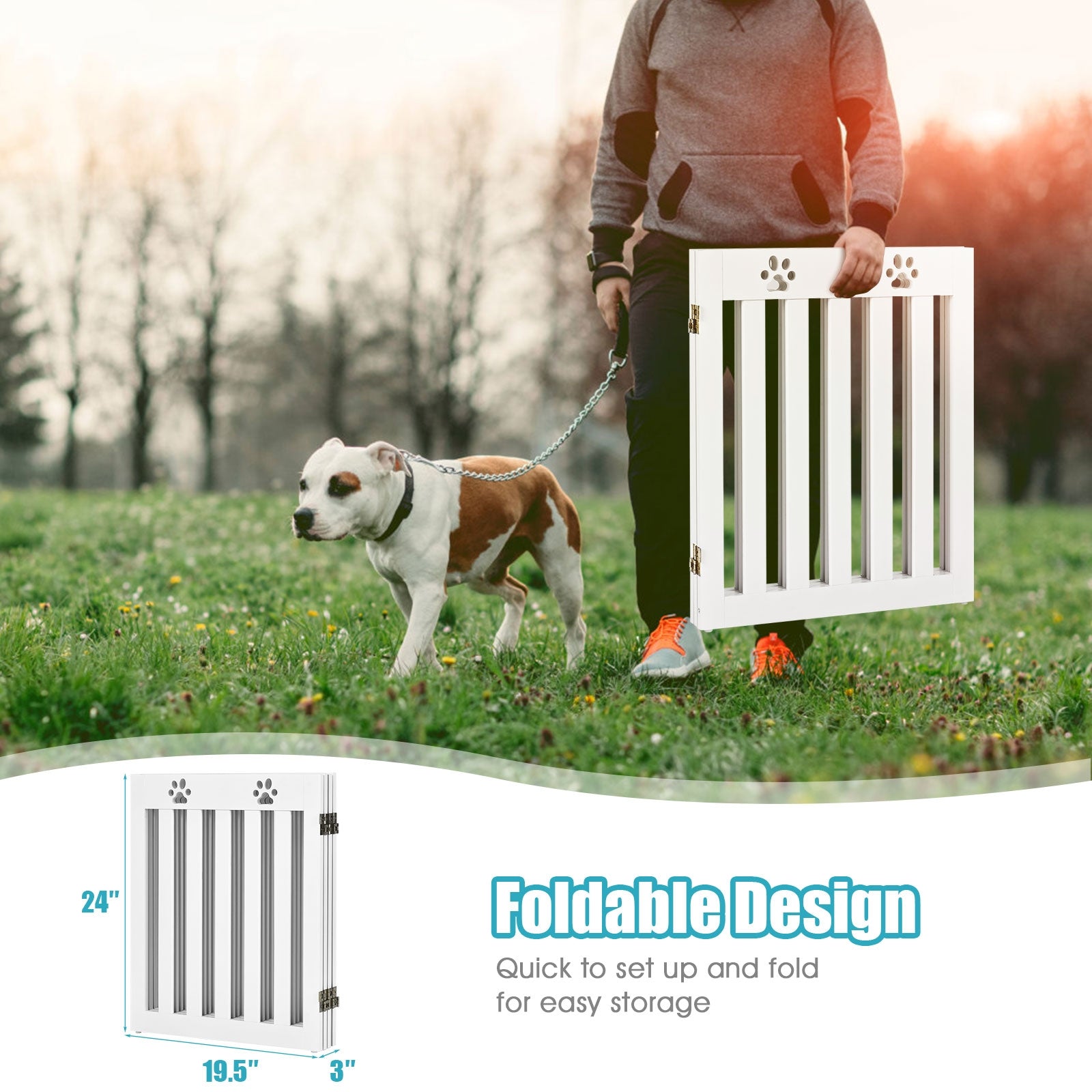 24 Inch Folding Wooden Freestanding Dog Gate with 360° Flexible Hinge for Pet-White