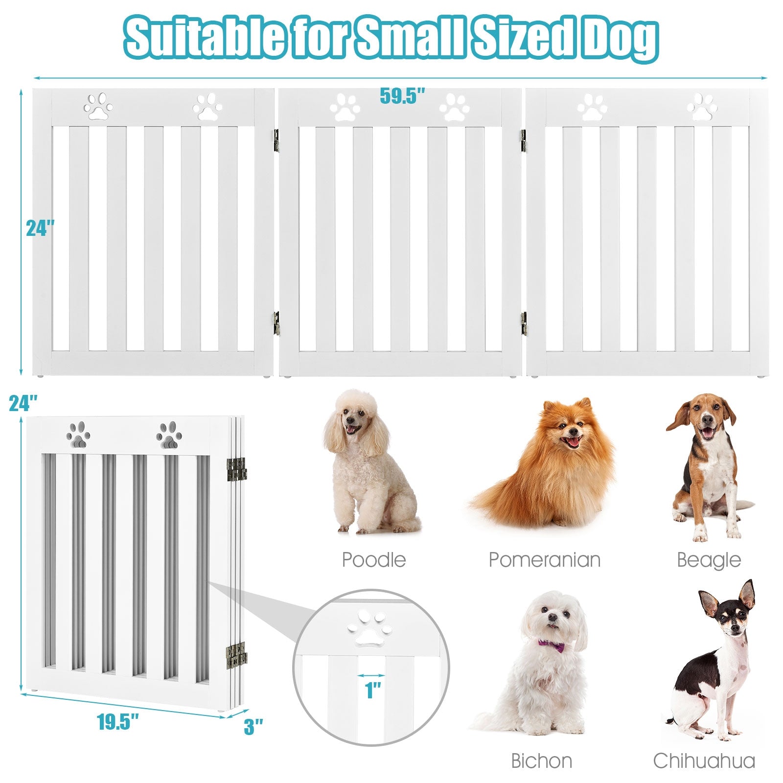 24 Inch Folding Wooden Freestanding Dog Gate with 360° Flexible Hinge for Pet-White