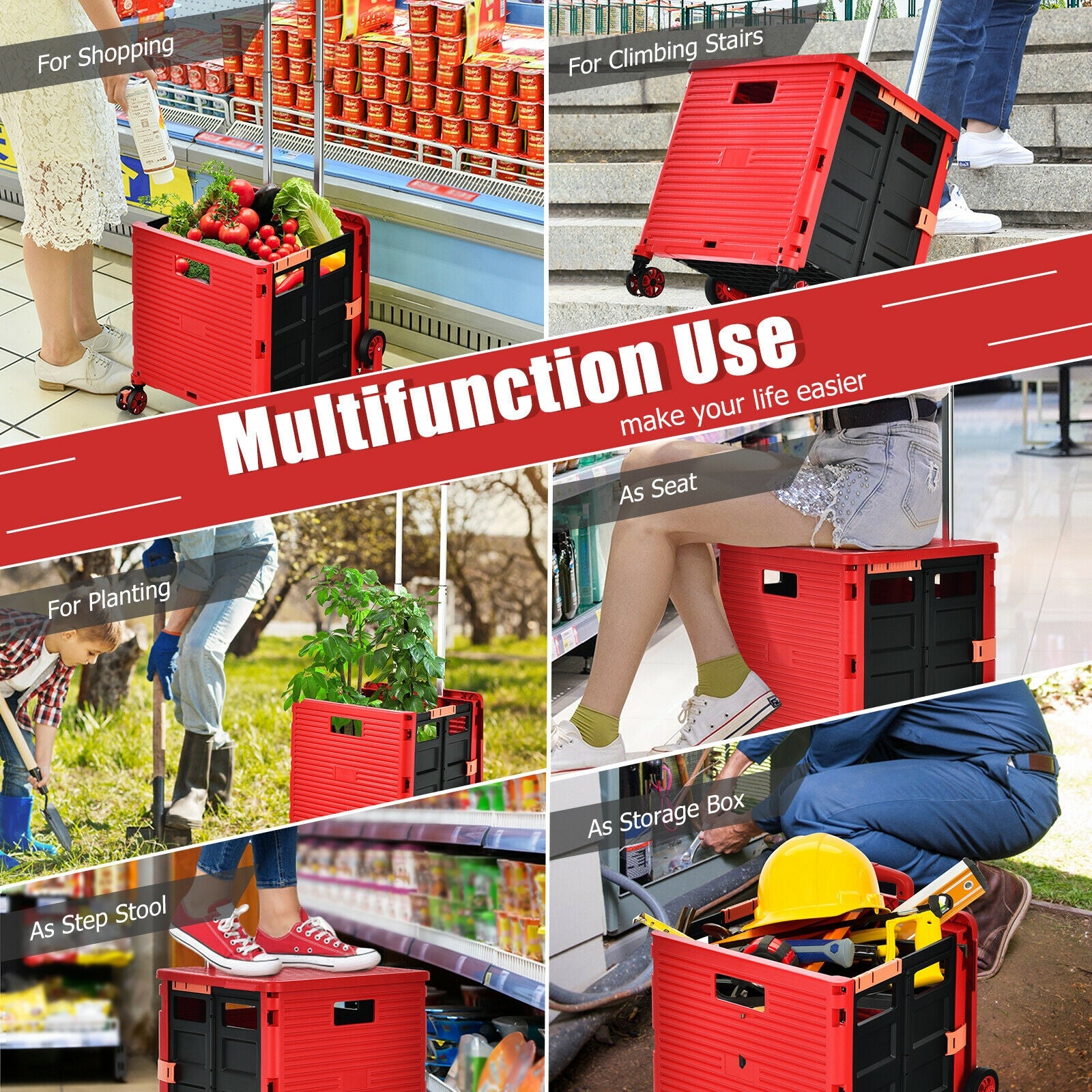 Foldable Utility Cart for Travel and Shopping-Red