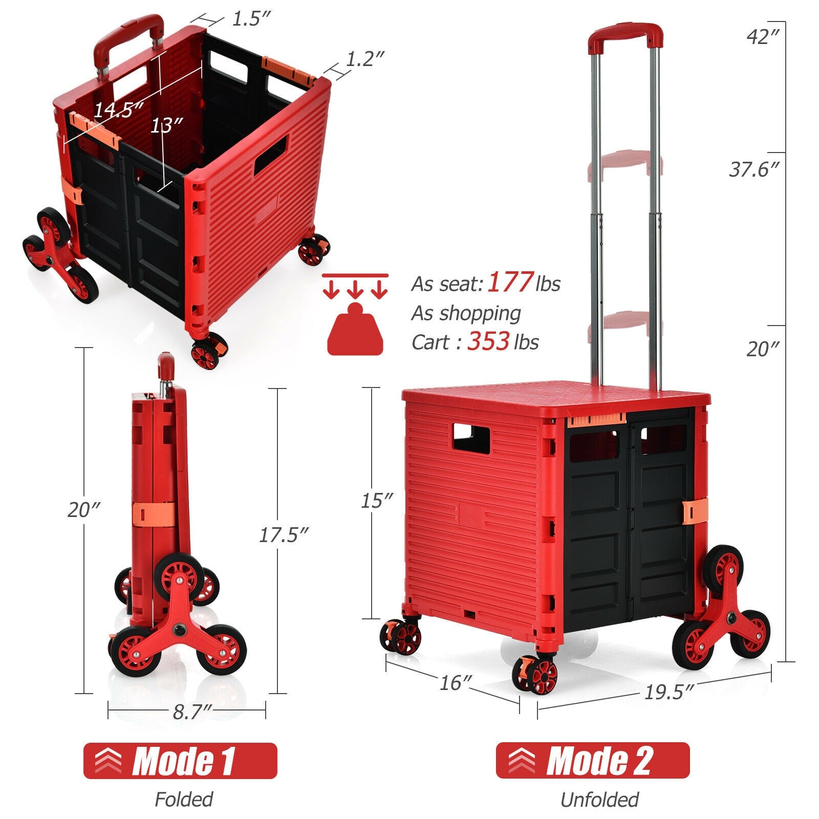 Foldable Utility Cart for Travel and Shopping-Red