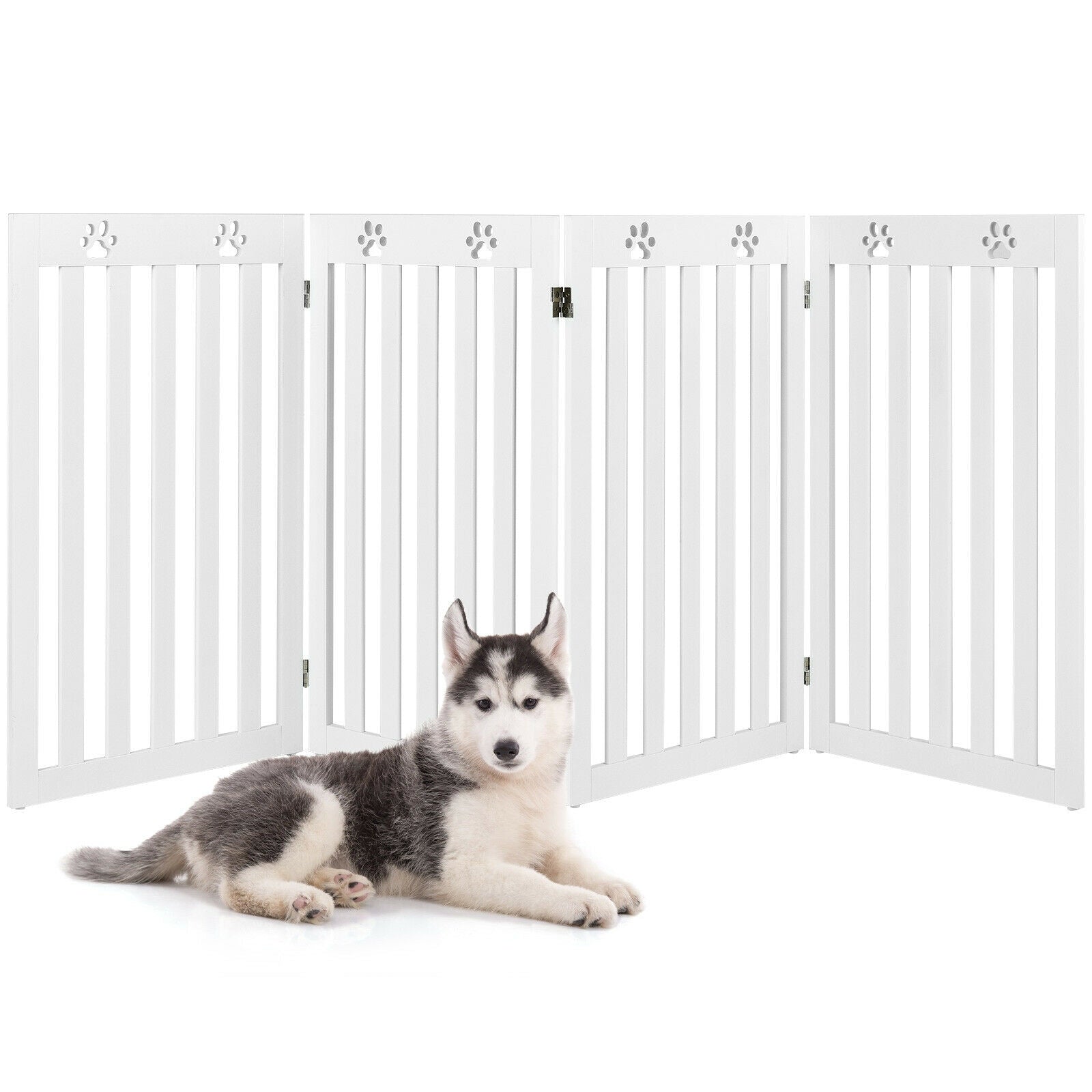 36 Inch Folding Wooden Freestanding Pet Gate  with 360° Hinge-White