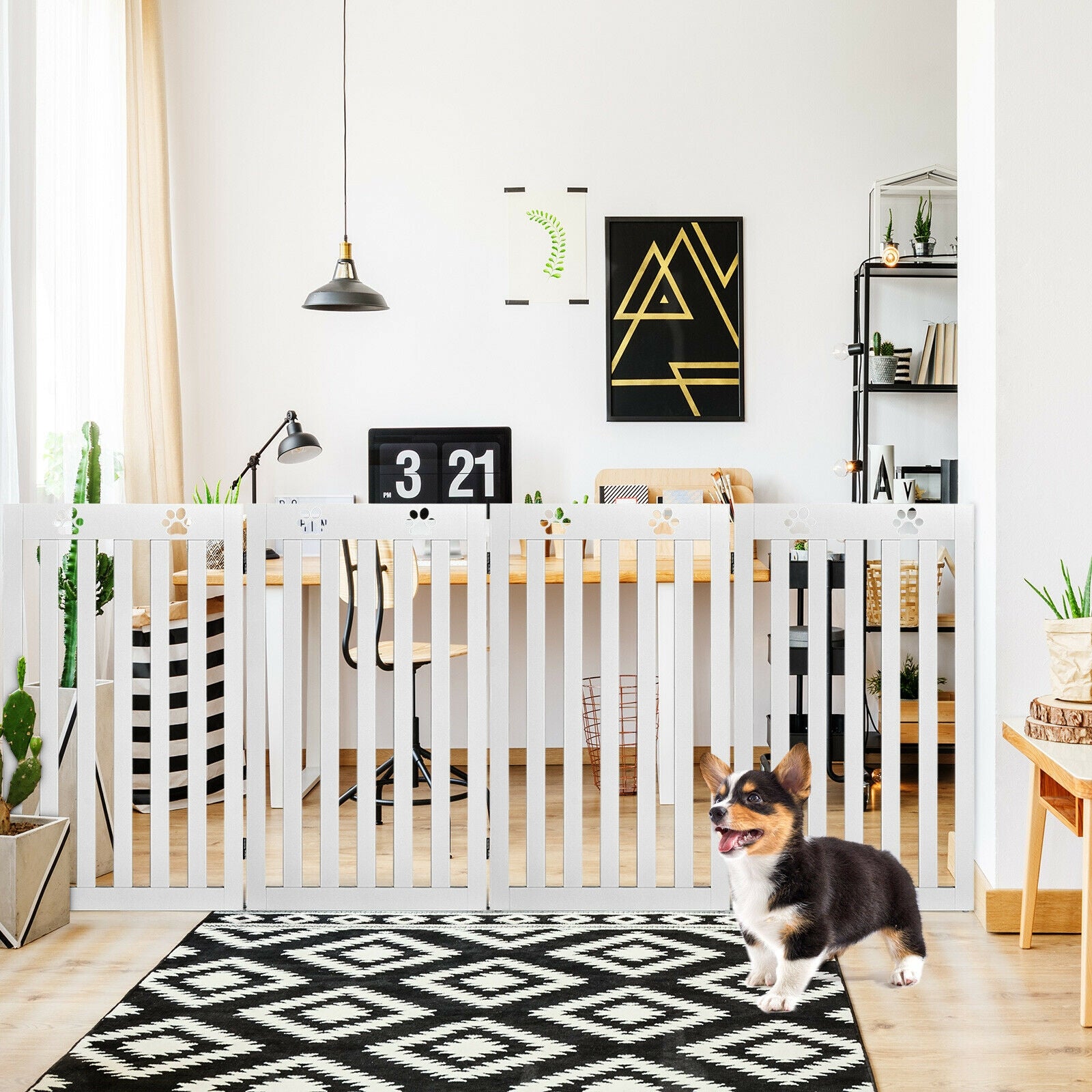 36 Inch Folding Wooden Freestanding Pet Gate  with 360° Hinge-White