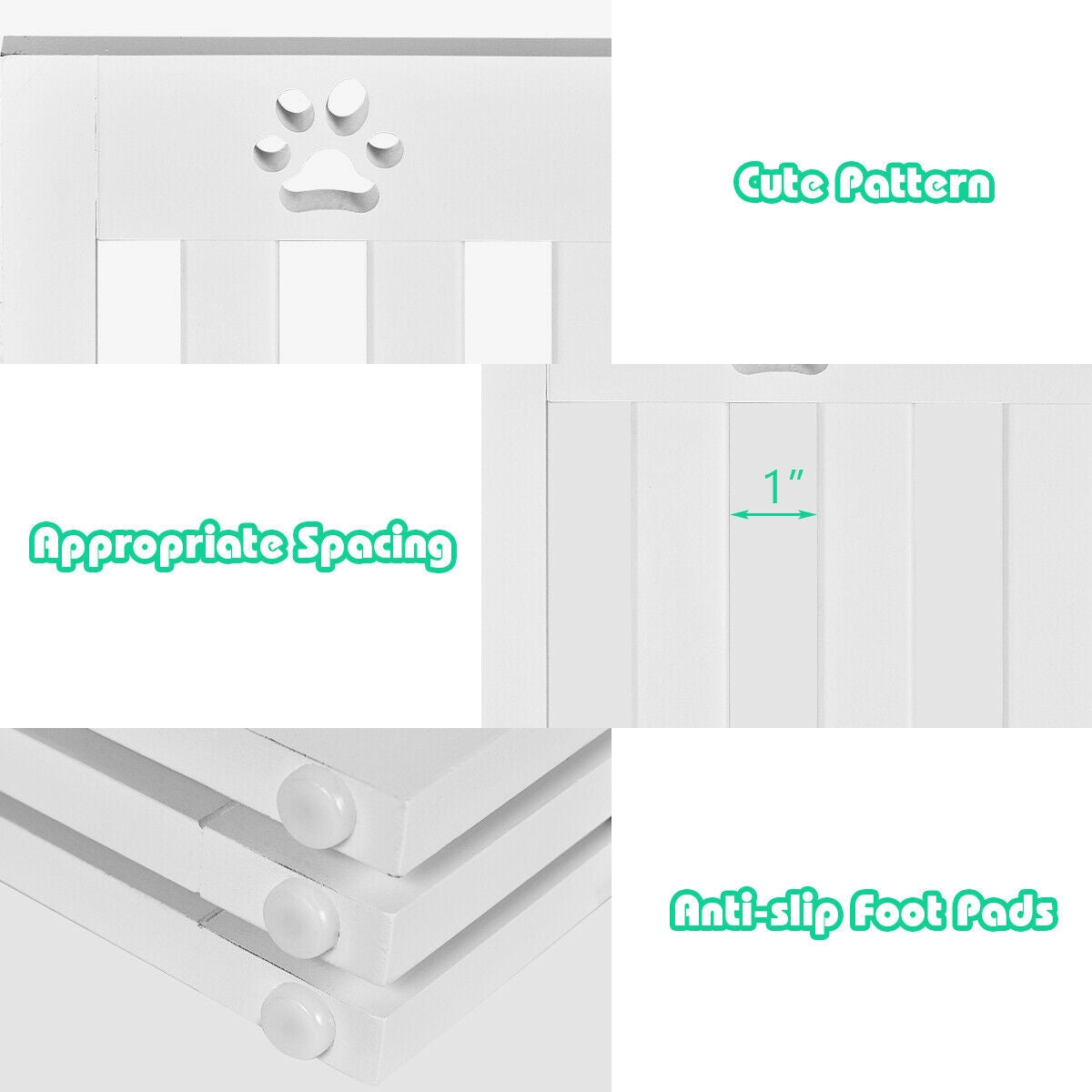 36 Inch Folding Wooden Freestanding Pet Gate  with 360° Hinge-White