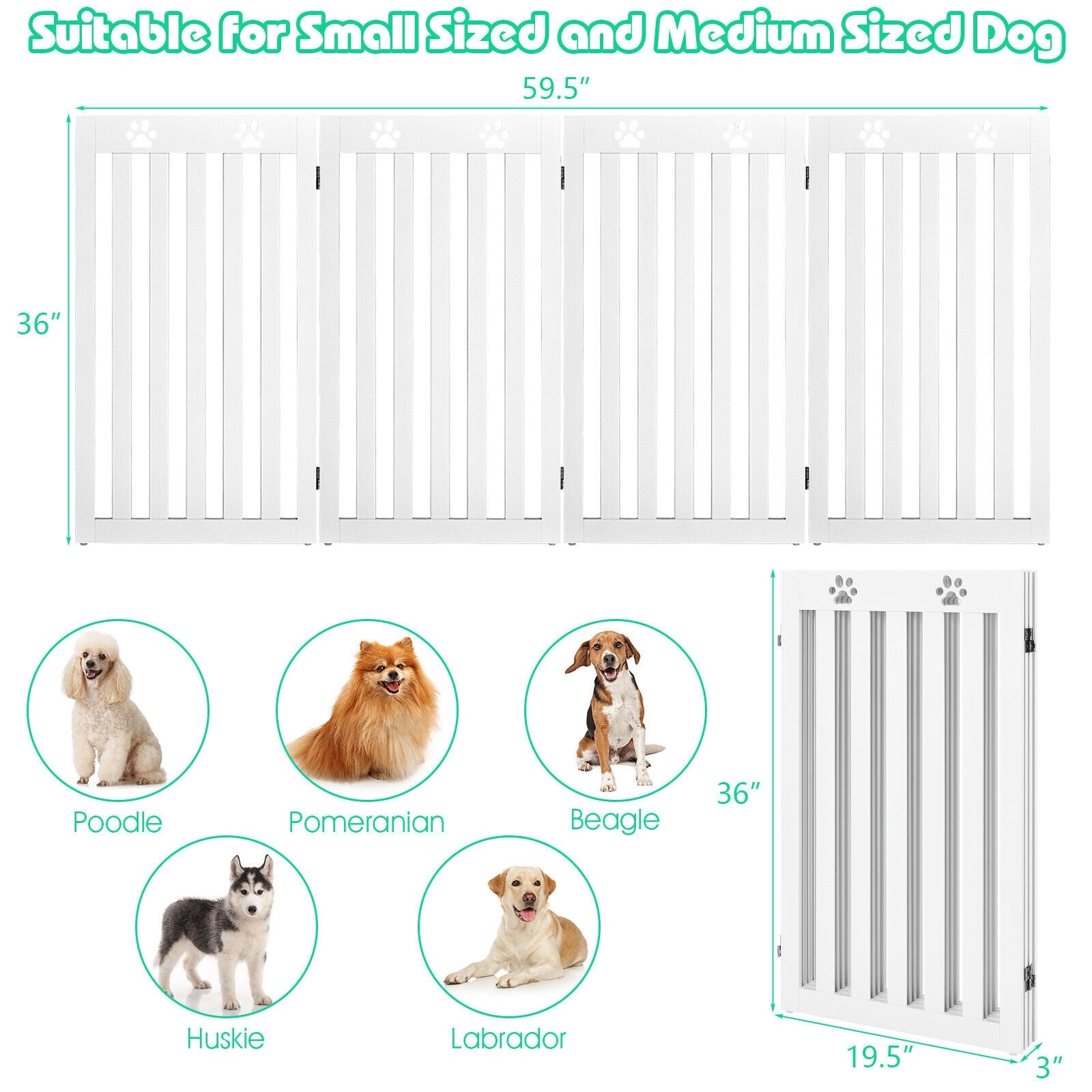 36 Inch Folding Wooden Freestanding Pet Gate  with 360° Hinge-White