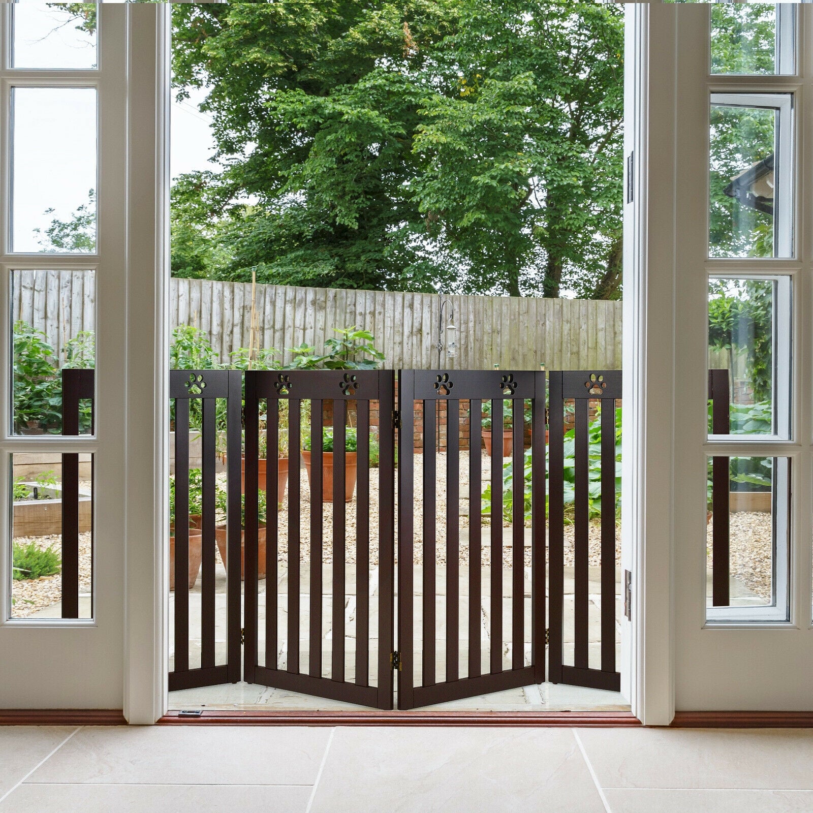 36 Inch Folding Wooden Freestanding Pet Gate  with 360° Hinge-Espresso