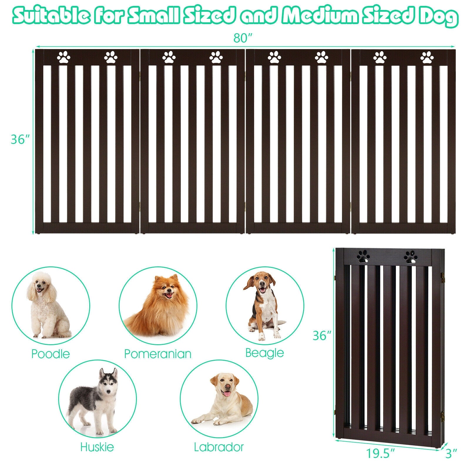 36 Inch Folding Wooden Freestanding Pet Gate  with 360° Hinge-Espresso