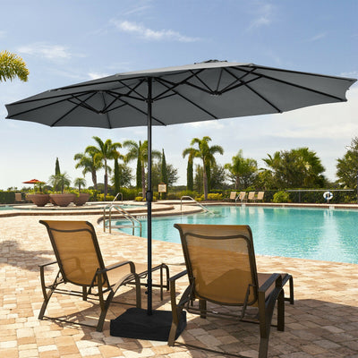 15 Feet Double-Sided Twin Patio Umbrella with Crank and Base Coffee in Outdoor Market-Gray 