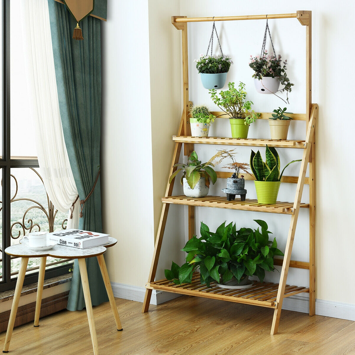 3 Tiers Bamboo Hanging Folding Plant Shelf Stand