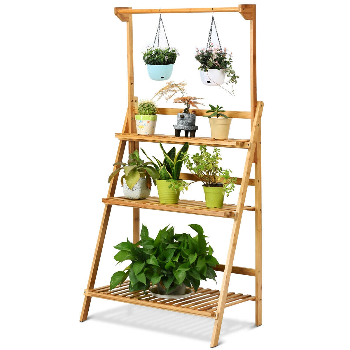 3 Tiers Bamboo Hanging Folding Plant Shelf Stand