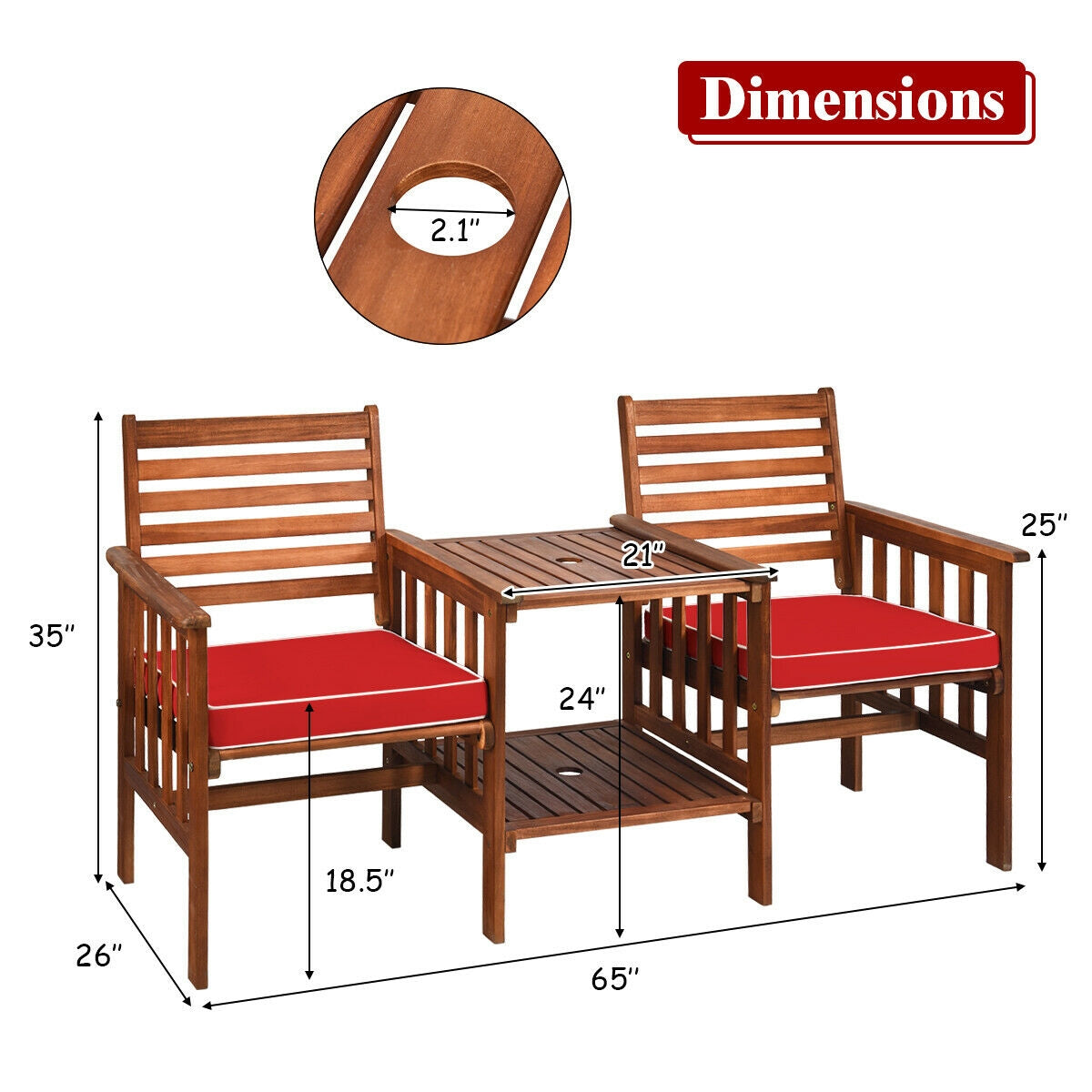 3 pcs Outdoor Patio Table Chairs Set Acacia Wood Loveseat-Red