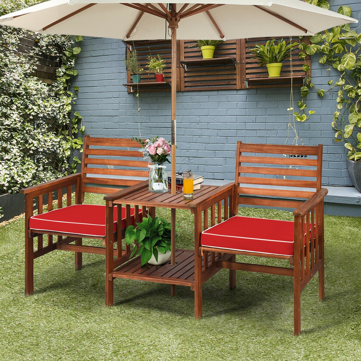 3 pcs Outdoor Patio Table Chairs Set Acacia Wood Loveseat-Red 