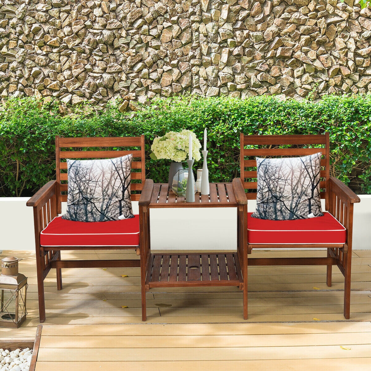 3 pcs Outdoor Patio Table Chairs Set Acacia Wood Loveseat-Red