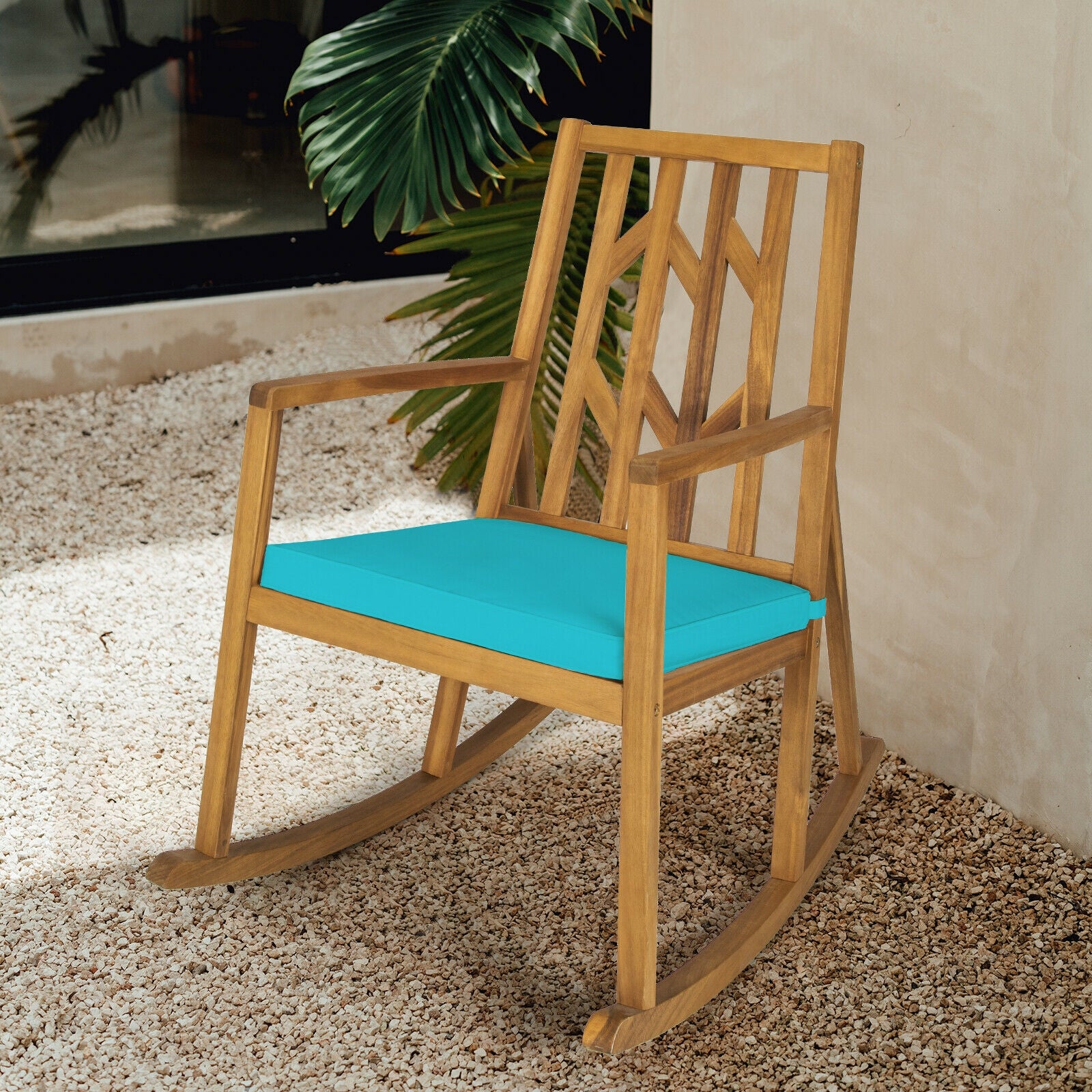 Patio Acacia Wood Rocking Chair Sofa with Armrest and Cushion for Garden and Deck-Turquoise 