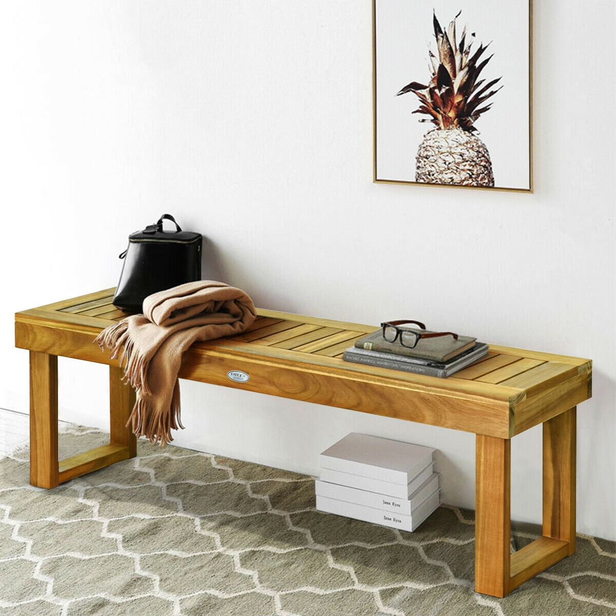 52 Inch Acacia Wood Dining Bench with Slatted Seat 