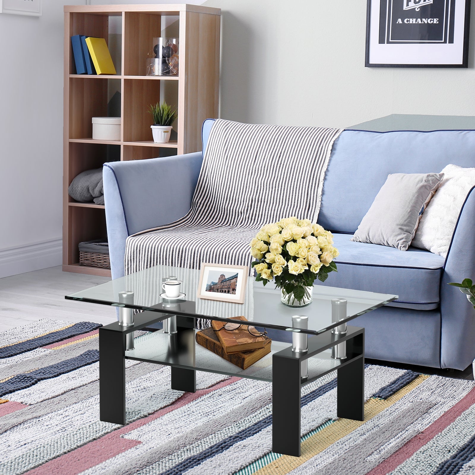 Rectangle Glass Coffee Table with Metal Legs for Living Room-Black