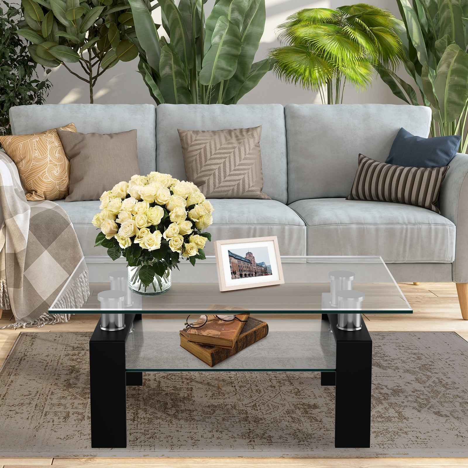 Rectangle Glass Coffee Table with Metal Legs for Living Room-Black