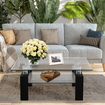 Rectangle Glass Coffee Table with Metal Legs for Living Room-Black 