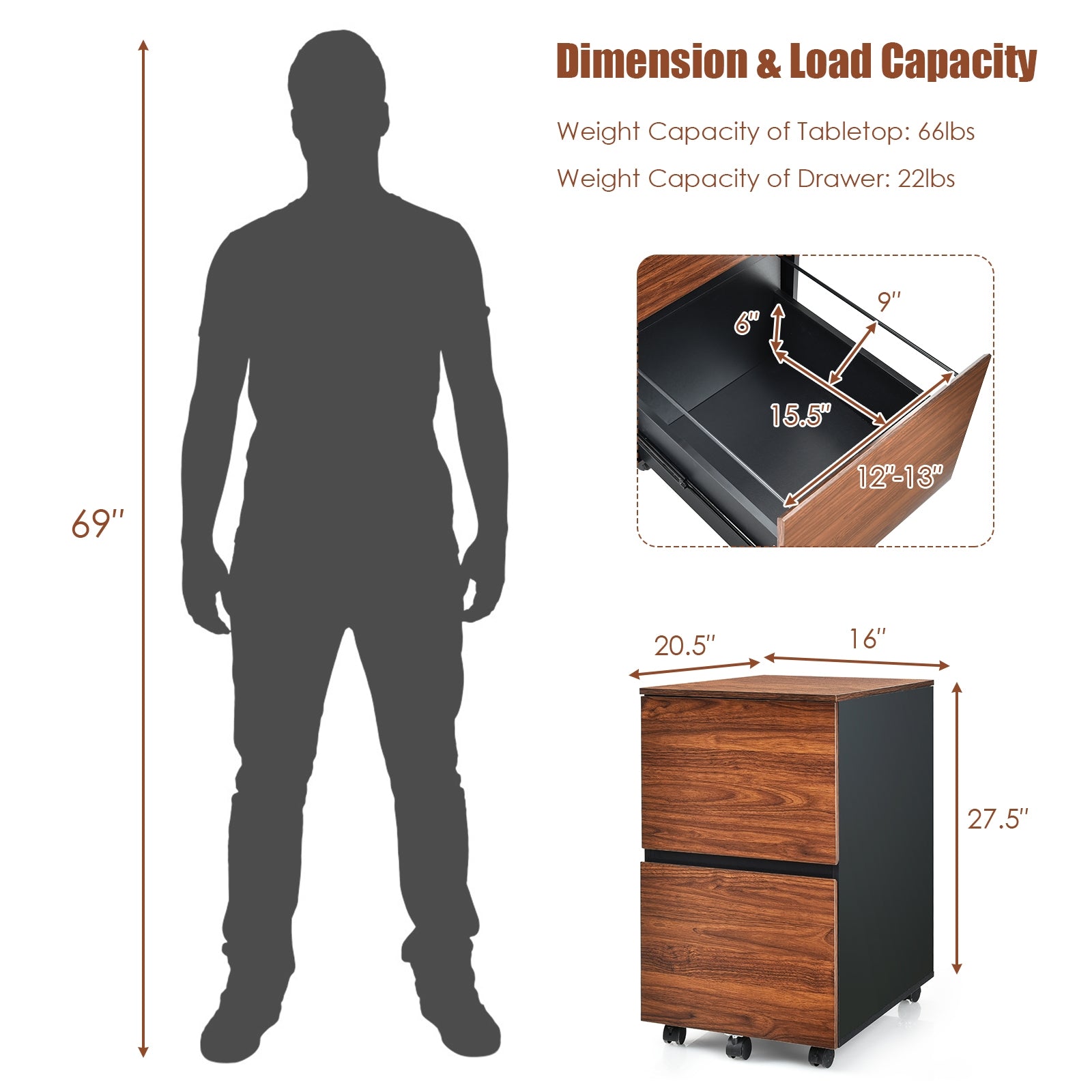 2 Drawer Rolling Filing Storage Cabinet with 2 Locking Wheels