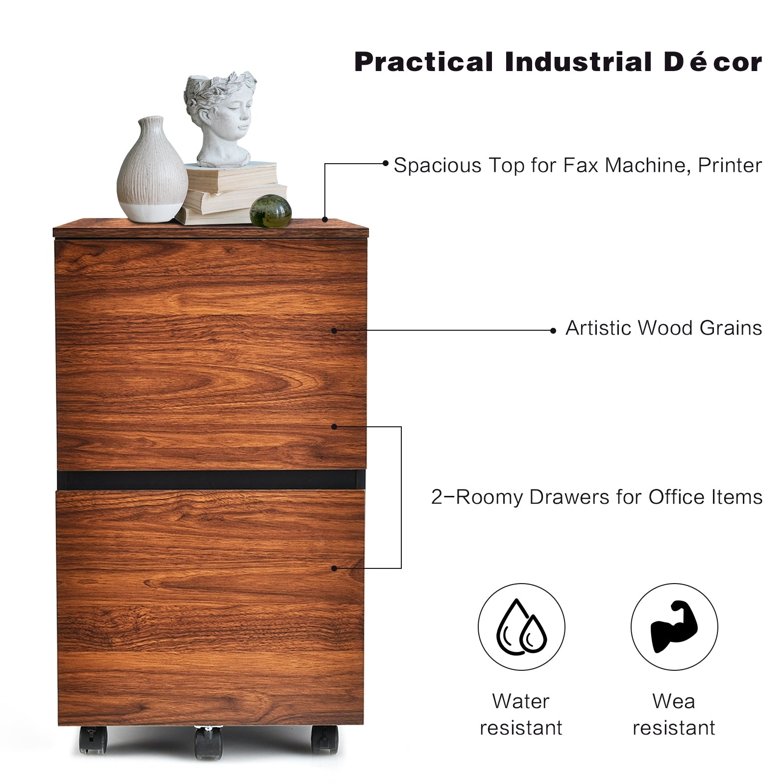 2 Drawer Rolling Filing Storage Cabinet with 2 Locking Wheels