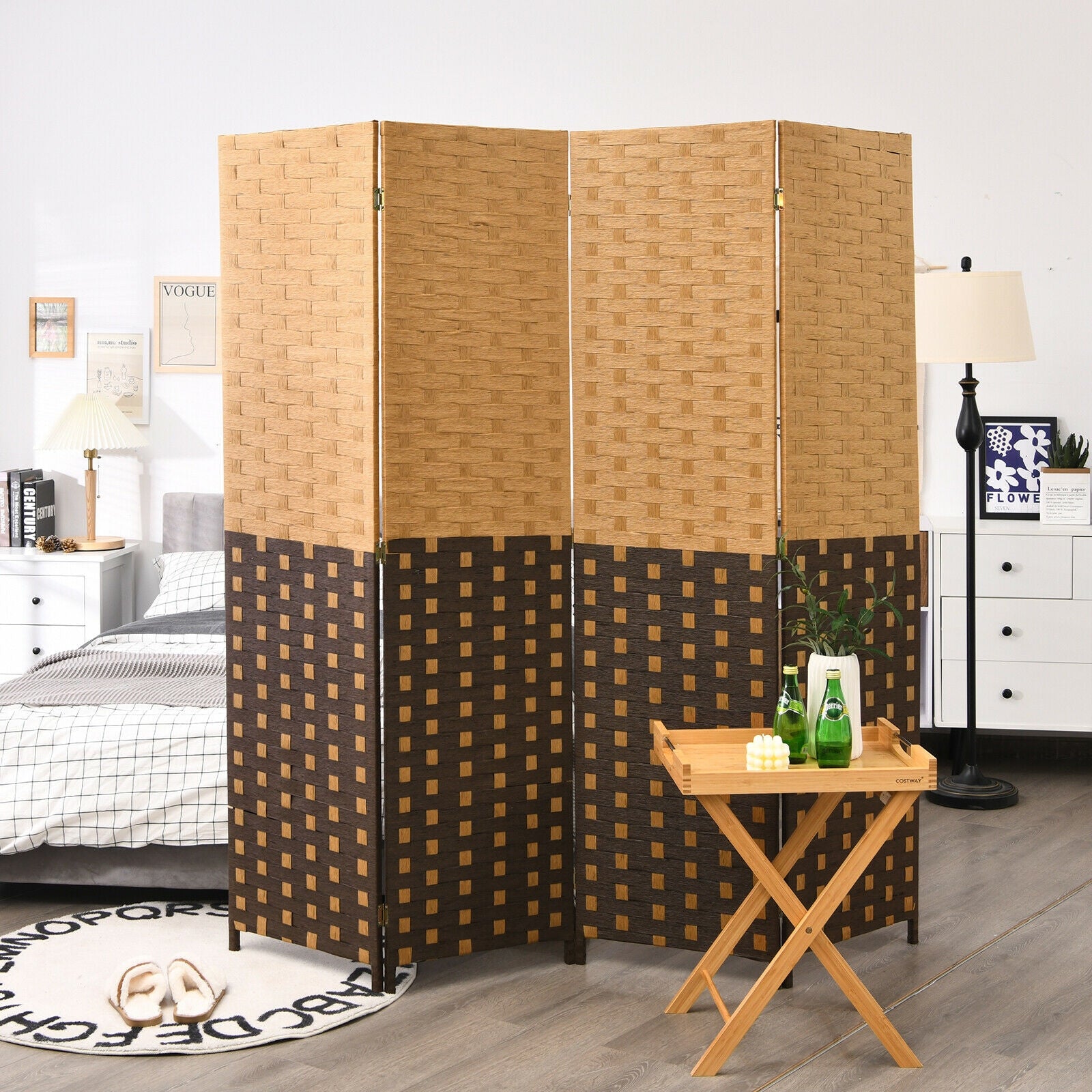 4 Panel Portable Folding Hand-Woven Wall Divider Suitable for Home Office-Brown