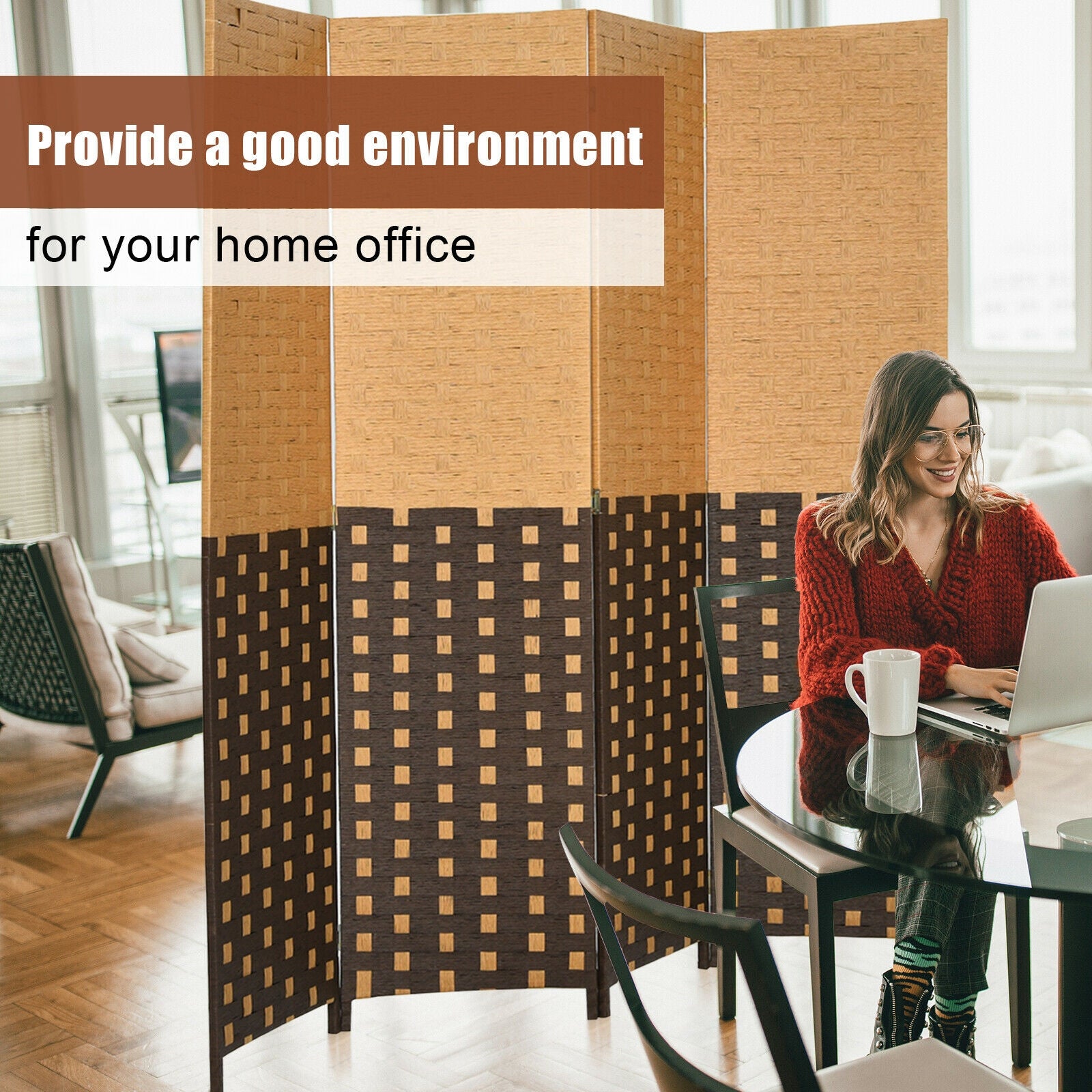 4 Panel Portable Folding Hand-Woven Wall Divider Suitable for Home Office-Brown