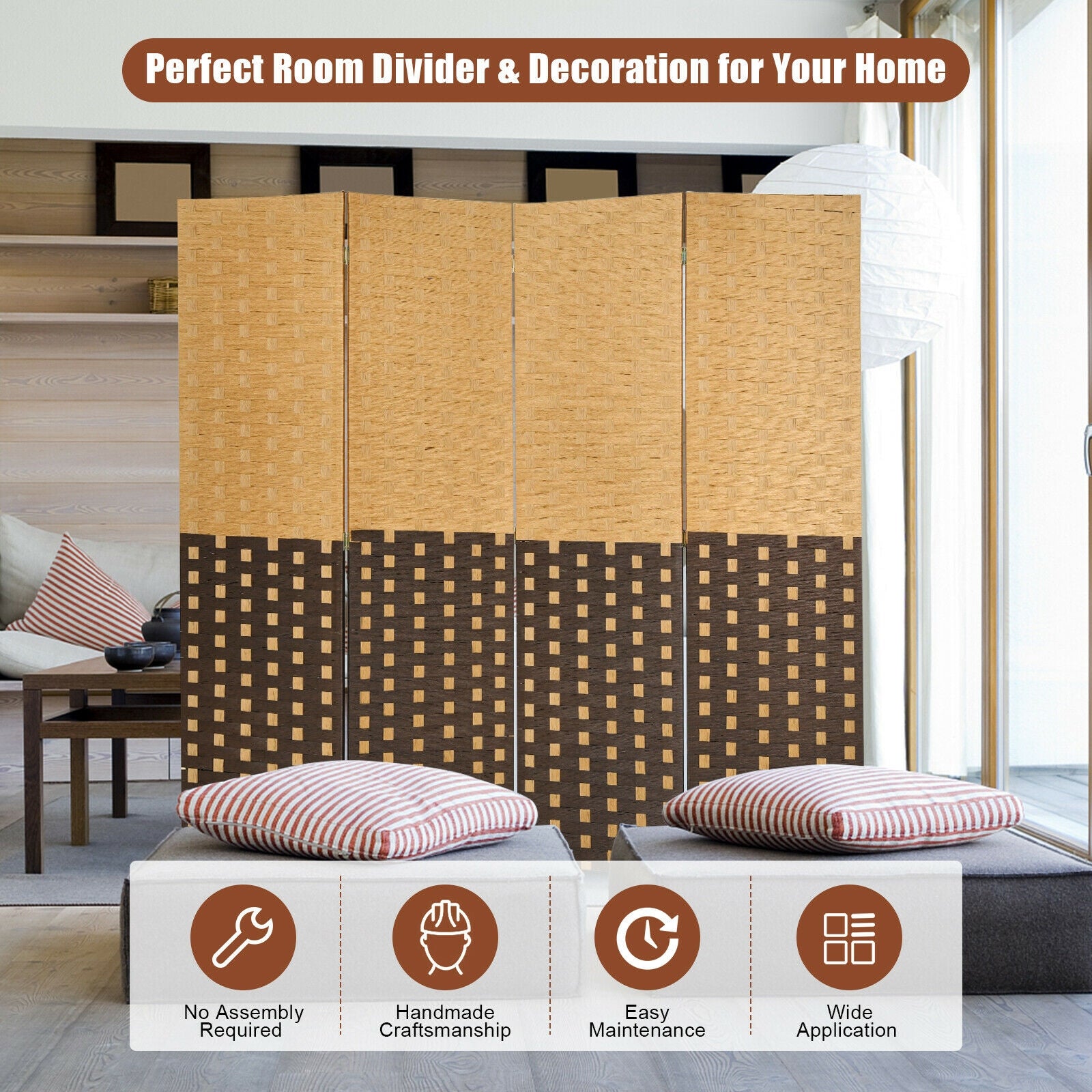 4 Panel Portable Folding Hand-Woven Wall Divider Suitable for Home Office-Brown