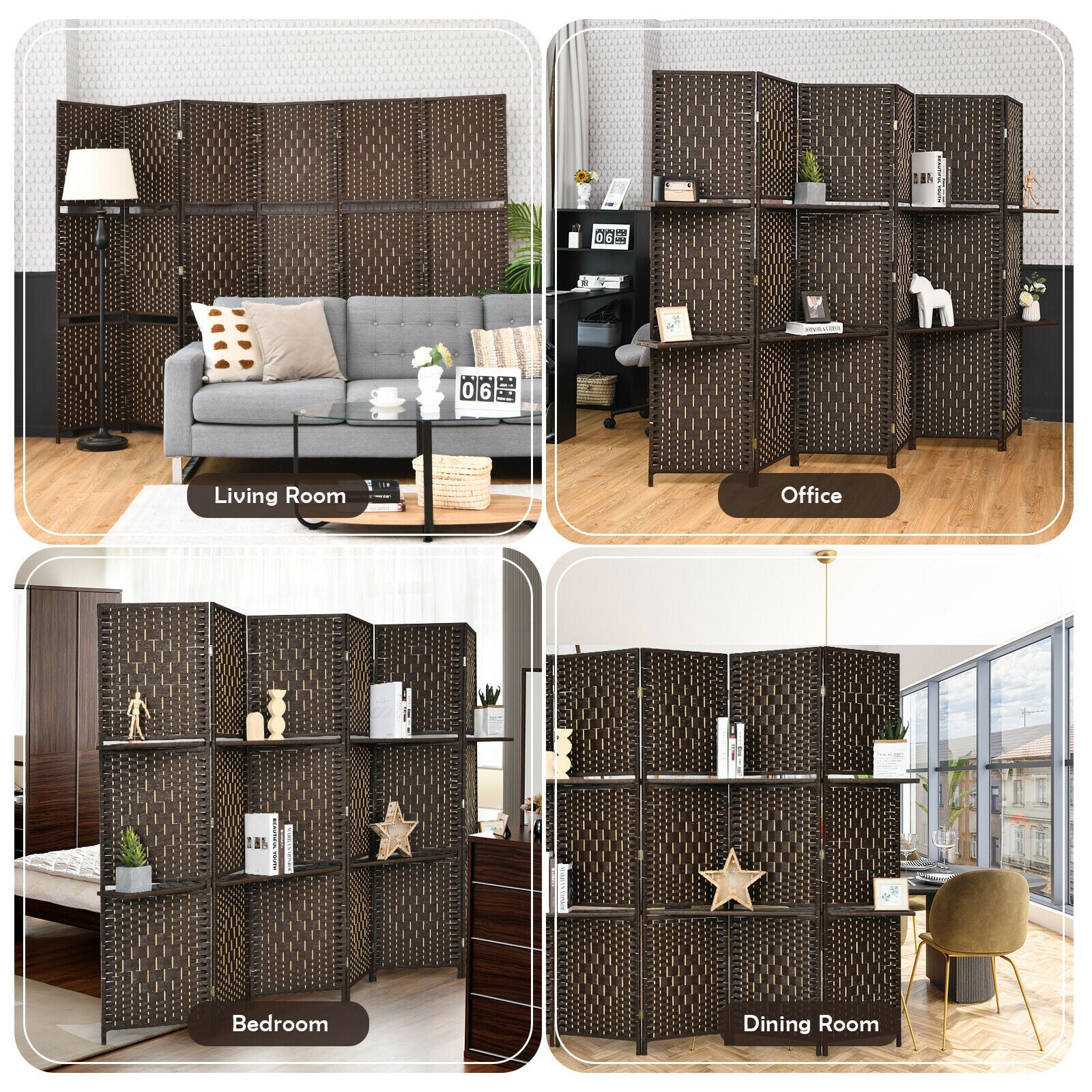 6 Panel Folding Weave Fiber Room Divider with 2 Display Shelves -Brown