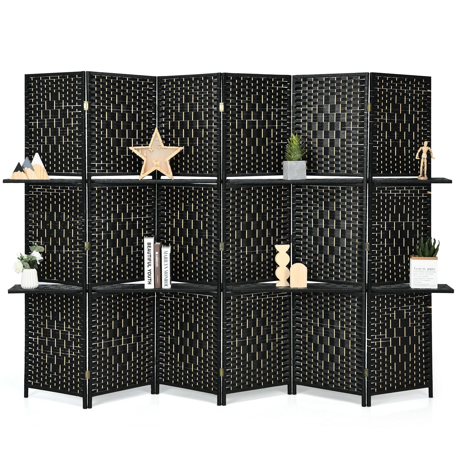 6 Panel Folding Weave Fiber Room Divider with 2 Display Shelves -Black