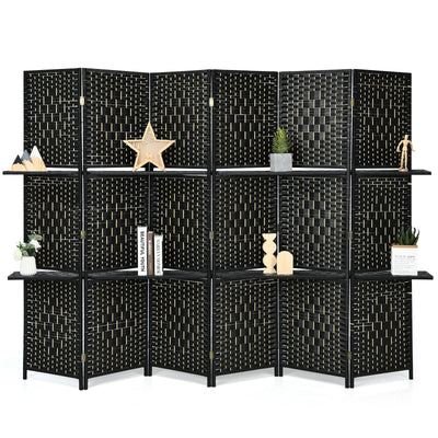 6 Panel Folding Weave Fiber Room Divider with 2 Display Shelves -Black 