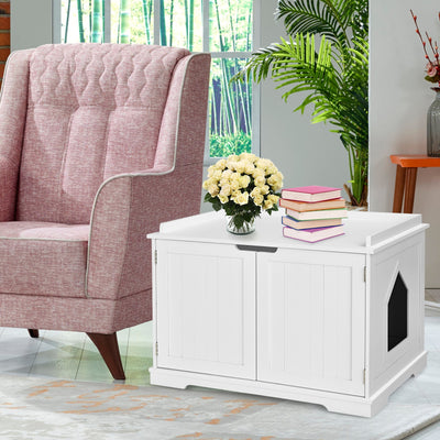 Cat Litter Box Enclosure with Double Doors for Large Cat and Kitty-White 