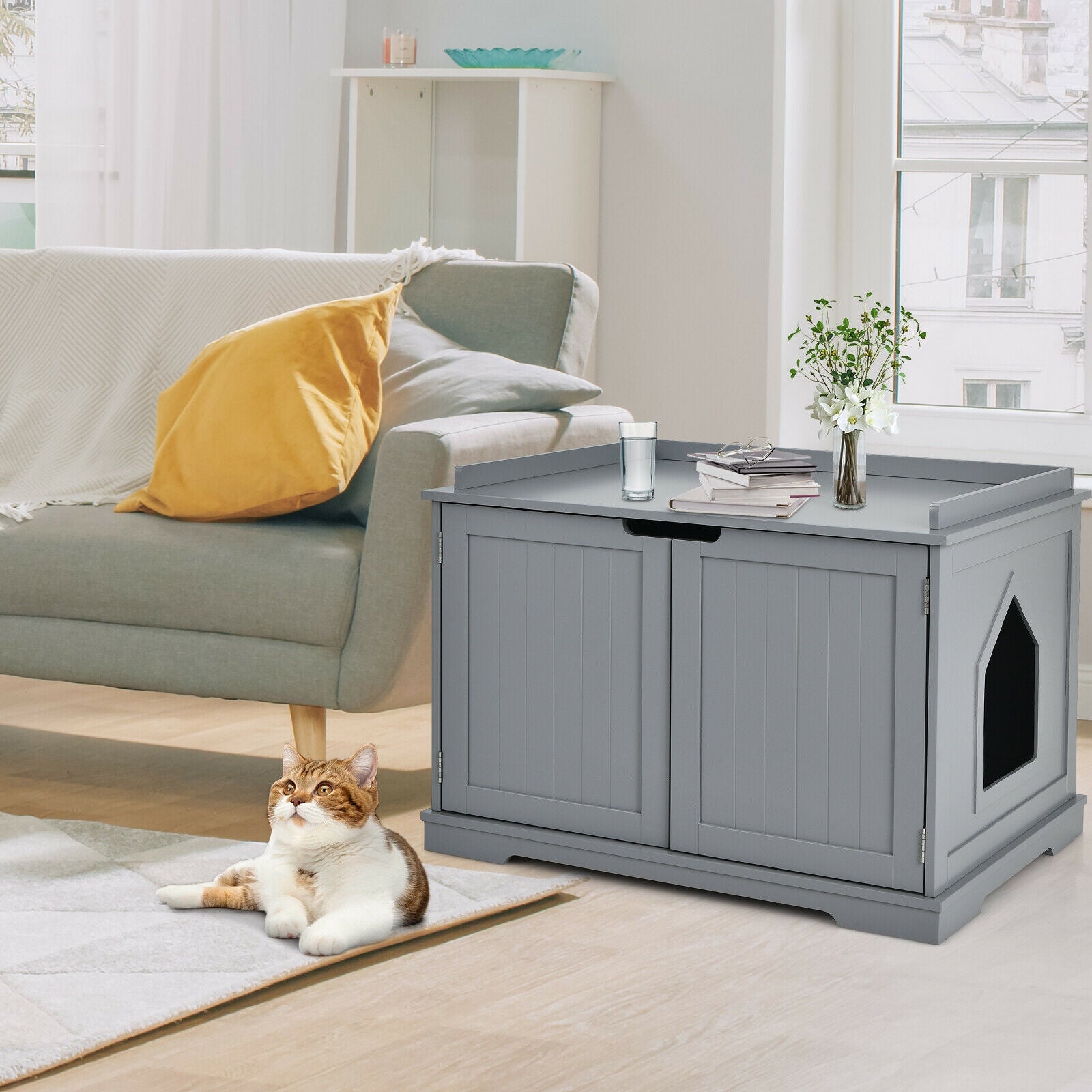 Cat Litter Box Enclosure with Double Doors for Large Cat and Kitty-Gray