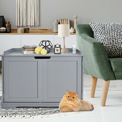 Cat Litter Box Enclosure with Double Doors for Large Cat and Kitty-Gray 