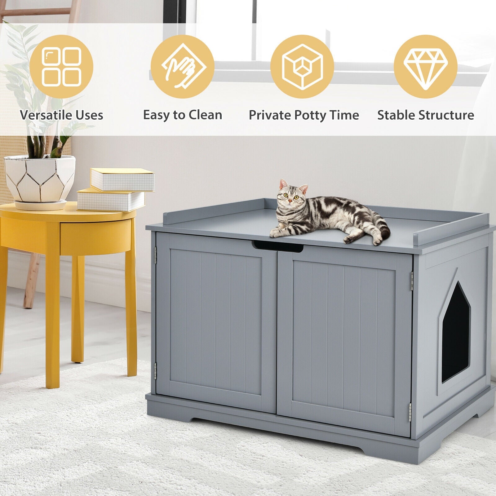 Cat Litter Box Enclosure with Double Doors for Large Cat and Kitty-Gray